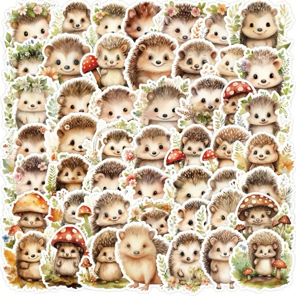 50 Adorable Hedgehog Stickers Woods Mushrooms Plants Forest